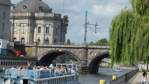 Tour Boat Passing Bode Museum on Berlinâs River Spree Stock Footage 321390728