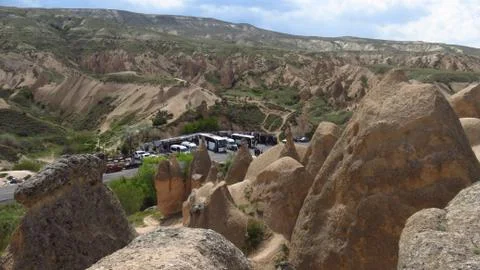 Tour Busses Visiting Devrent, Imaginary Valley, Cappadocia Stock Photos