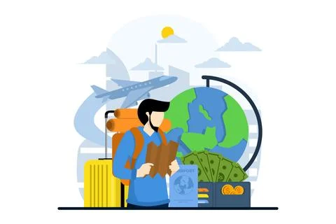 Tour concept. The character will take a tour with a map. Stockillustratie