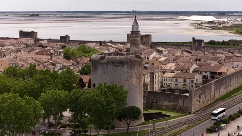 Tour de Constance Tower of Constance medieval ramparts of Aigues-Mortes Gard Stock Footage 345287336