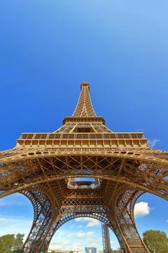 Tour Eiffel blue sky perspective Paris France bottom view Stock Photos