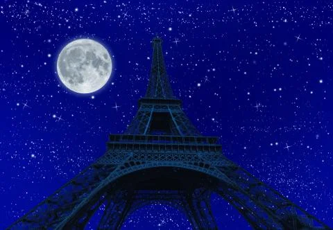 Tour Eiffel at night with fullmoon Stock Photos
