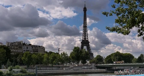 Tour Eiffel  from over The Seine River Time Lapse Stock Footage 97381272