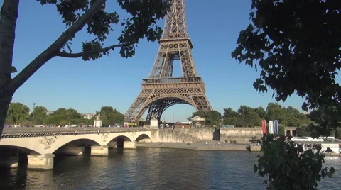 Tour Eiffel Sunny Day Landscape Iena Bridge Seine River Touristic Trip Tower Stock Footage 52298569
