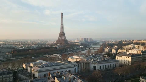 Tour Eiffel tower and Seine River, Paris in France. Aerial drone ascending Stock Footage 273019830