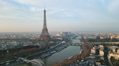 Tour Eiffel tower and Seine River, Paris in France. Aerial drone forward Stock Footage 274354840