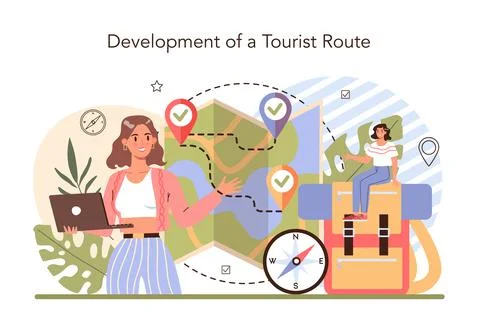 Tour guide concept. Tourists route development. Tour entertainment, Stock Illustration