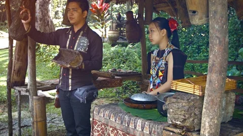 Tour guide gives educational talk about traditional beekeeping practices Stock Footage 74620554