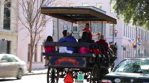 Tour guide through charleston town on a horse carriage Stock Footage 45630095