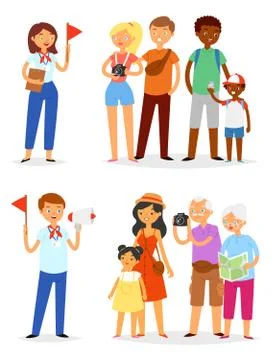 Tour guide vector man and woman characters guiding sightseeing group of tourists Stock Illustration