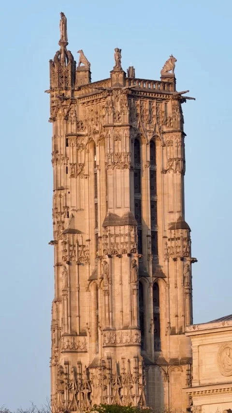 Tour Saint-Jacques Tower Glowing at Sunset in Paris France Stock Footage 340298307
