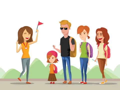 Tour vacation with guide, vector cartoon comic illustration isolated on a Stock Illustration