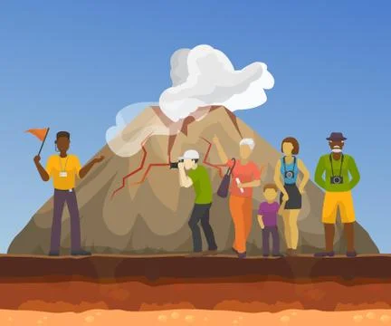 Tour vacation with guide, vector cartoon illustration of smoking vulcan, a group Stock Illustration