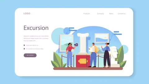 Tour vacation guide web banner or landing page. Tourists listening Stock Illustration