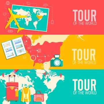 Tour of the world seamless pattern concept. Tourism with fast tr Illustrazione stock
