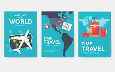 Tour of the world vector brochure set. Travel template of flyer, magazines Stock Illustration