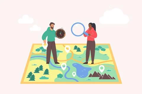 Tourism and map orienteering to create route for hiking trail, summer camp by Stock Illustration