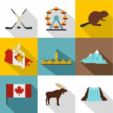 Tourism in Canada icon set, flat style Illustration