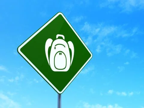 Tourism concept: Backpack on road sign background Stock Illustration