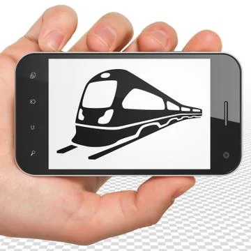 Tourism concept: Hand Holding Smartphone with Train on display イラスト素材
