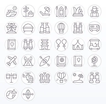Tourism Digital Vector Pack containing 32 Grid Fitted Thin Line High Resolu.. Ilustración de archivo