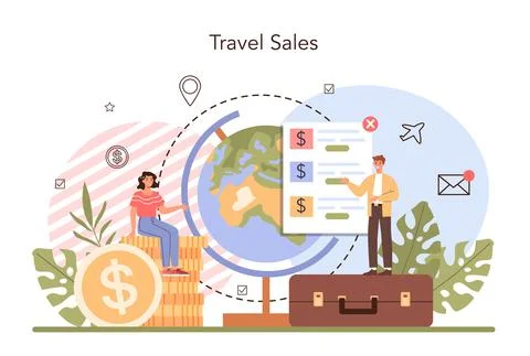Tourism expert concept. Travel agent selling tour, cruise, airway Stock Illustration
