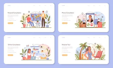 Tourism expert web banner or landing page set. Agent creating and selling Stock Illustration