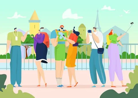 Tourism with guide,vector illustration. Excursion tour for tourist erson group Stock Illustration