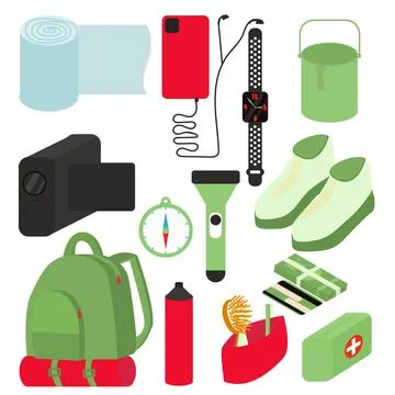 Tourism items set compass, watch, camera, bottle, shoes vector illustration Stock Illustration