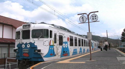 Tourism train for Mount Fuji - Japan. Fujikyu Station. Stock Footage