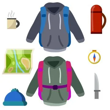 Tourist activity. Set of flat items for campaign. Clothing with backpack 스톡 일러스트