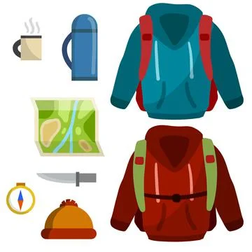 Tourist activity. Set of flat items for campaign. Stock Illustration