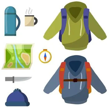 Tourist activity. Set of flat items for campaign. Clothing with backpack イラスト素材