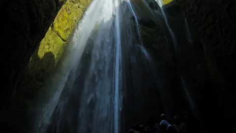 Tourist attraction Gljufrabui hidden waterfall in a narrow canyon in Iceland. Stock Footage 293578136