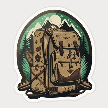 Tourist backpack on the background of mountains and forest Stock Illustration