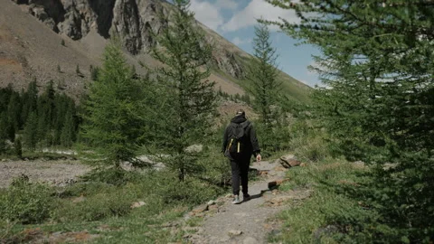 A tourist with a backpack on his back walks along a mountain path. Video stock 280953800