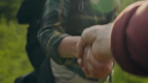 Tourist backpack, mountain explorer with pleasure Shake hands greeting, hand Stock Footage 245286955