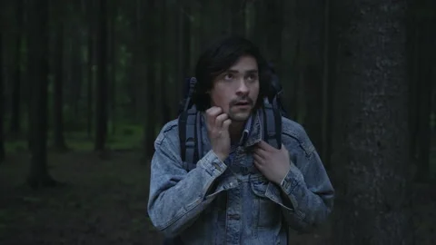 A tourist with a backpack walks through the night forest, stops and looks up Vidéo 201083804