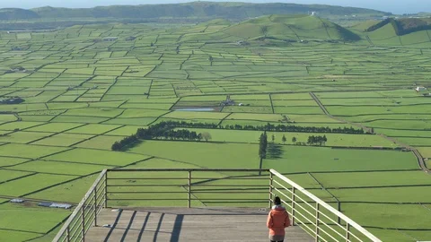 Tourist With Beautiful Green Patchwork Fields In Background, Terceira, Azores Stock Footage 89140988