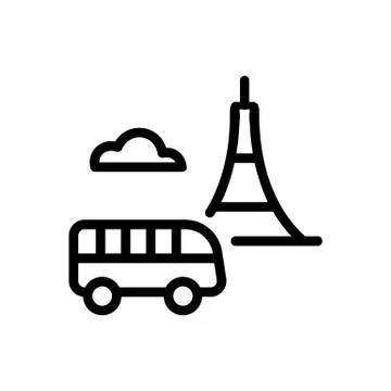 Tourist bus and eiffel tower icon vector outline illustration Stock Illustration