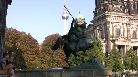 Tourist with camera walking up steps of a museum in Berlin Stock Footage 42312647