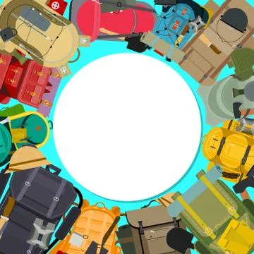 Tourist camping backpack round pattern. Travel accessories vector illustration Stock Illustration