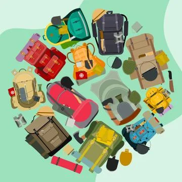 Tourist camping backpack round pattern. Travel accessories vector illustration Stock Illustration