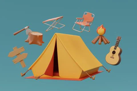 Tourist camping tent with elements for camping, summer camp, traveling, trip, Stock Illustration