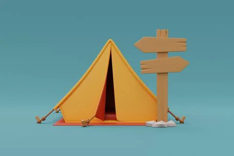 Tourist camping tent with signpost , elements for camping, summer camp, trave 스톡 일러스트