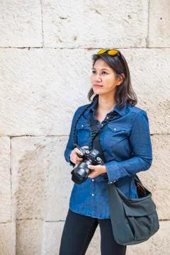 Tourist with digital camera exploring town, Split, Dalmatian Coast, Stock Photos