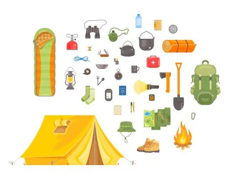 Tourist Equipment Camping and Hiking objects Stock Illustration