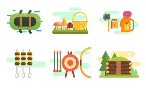 Tourist Equipment Set, Camping Elements, Summer Outdoor Activities Stock Illustration