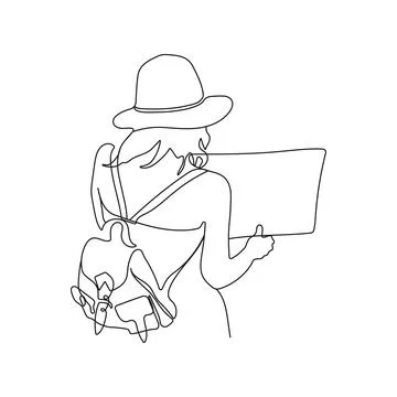 Tourist girl with backpack and map. One line art. Stock Illustration