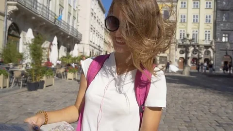 Tourist Girl Enjoying her Tour Stock Footage